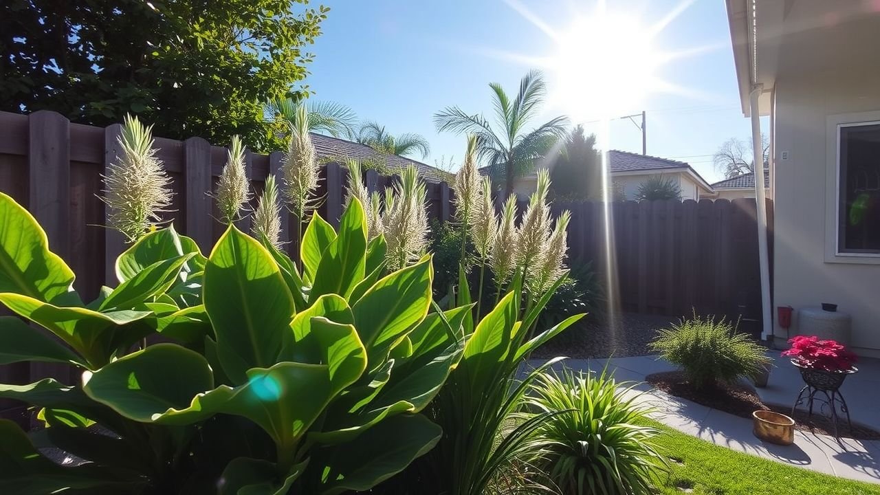 A backyard garden with UV resistant artificial plants under bright sun.