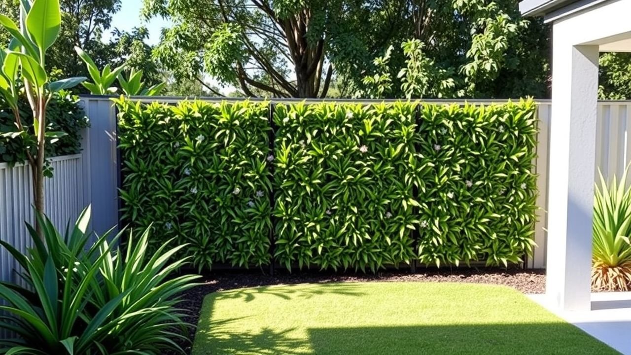 An Australian backyard with artificial garden wall panels for low-maintenance aesthetics.