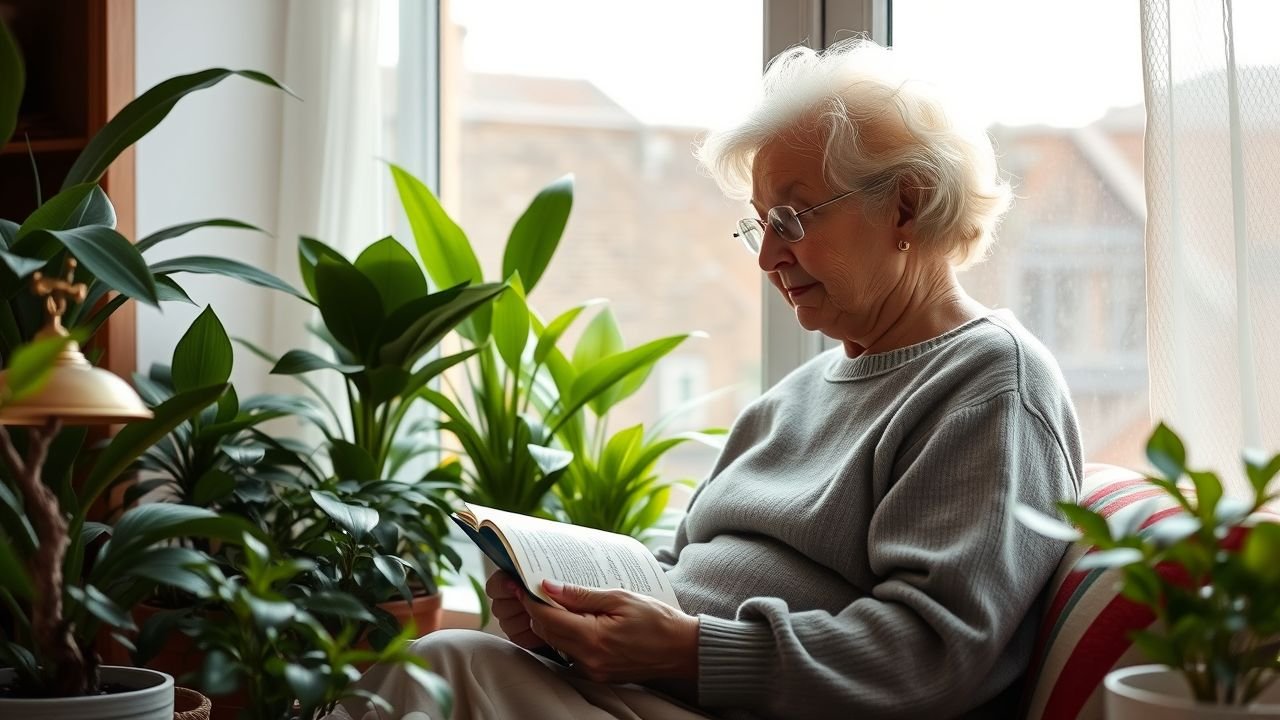 Elderly woman reading by window surrounded by artificial plants in cozy home.