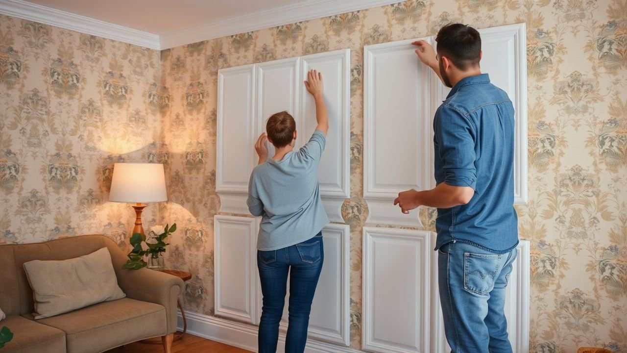 Couple installing fake wall panels for cost-effective living room renovation.