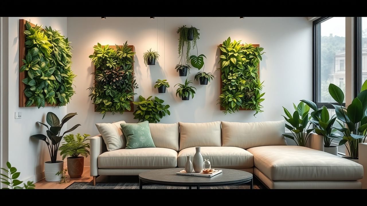 A cozy living room with fake wall plant panels for a natural touch.