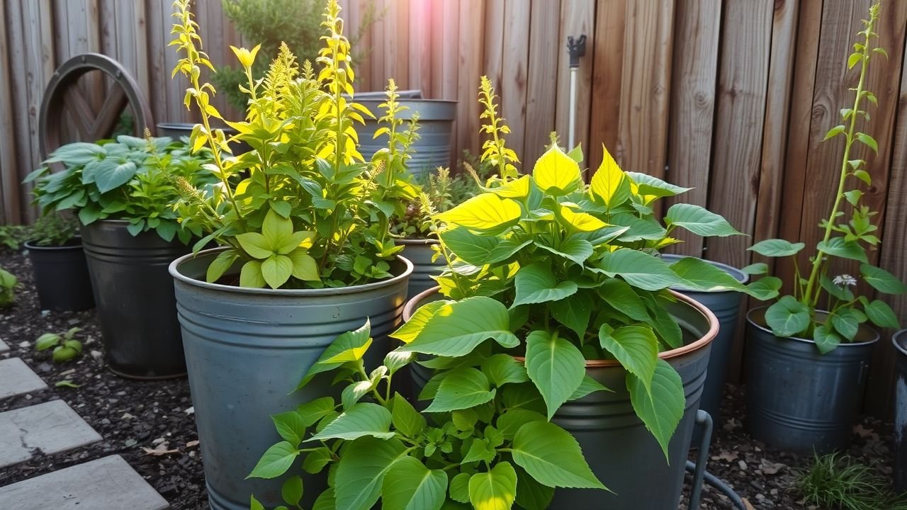 A rustic backyard garden with thriving green plants in metal pots.