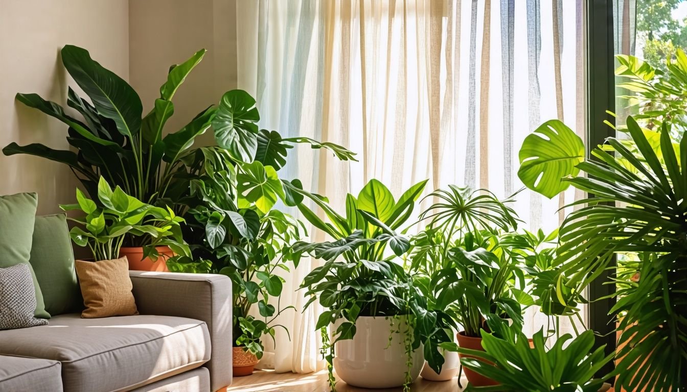 A cozy living room corner with lush indoor plants in stylish pots.