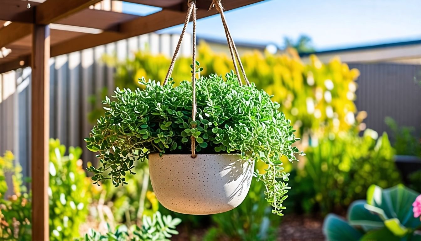 A rustic ceramic hanging planter in an Australian backyard garden.