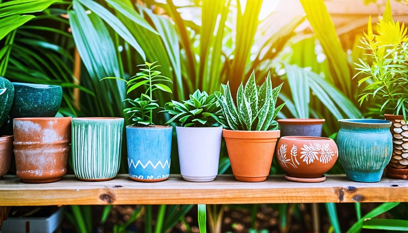 Cheap plastic plant pots displayed on a wooden shelf in a garden.