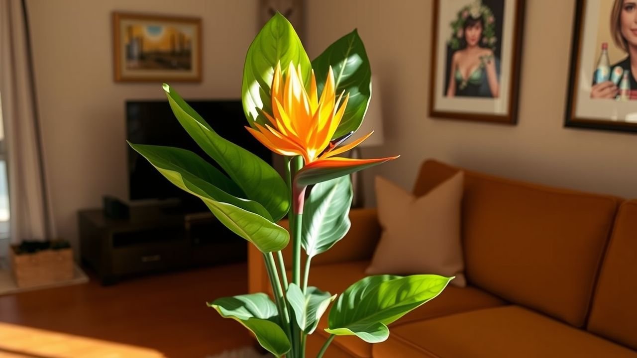 A lifelike artificial Bird of Paradise plant adds a tropical touch.