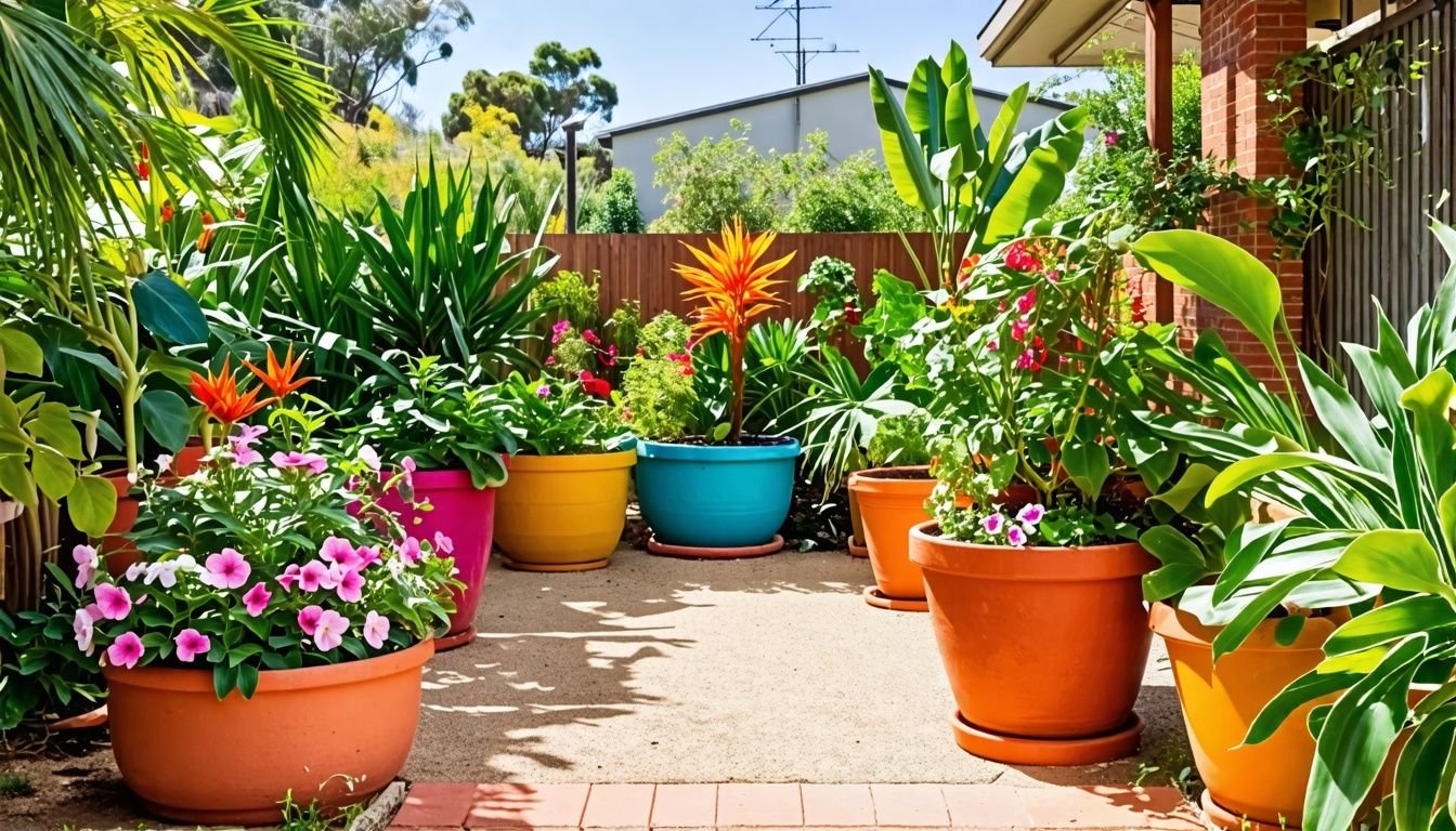 A colorful backyard garden with creative clay pot planters in Australia.