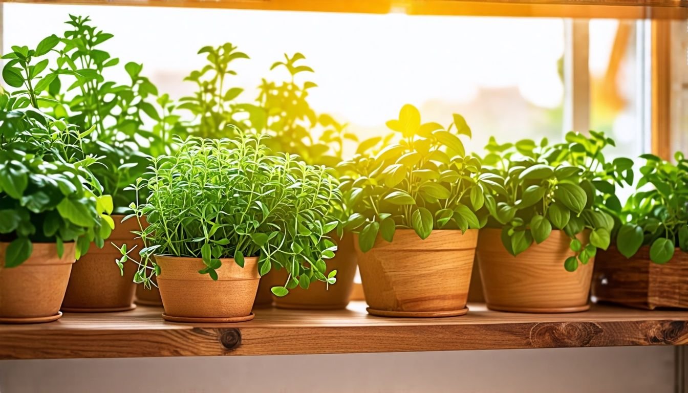 A kitchen shelf with handcrafted wooden herb pots adding elegance.