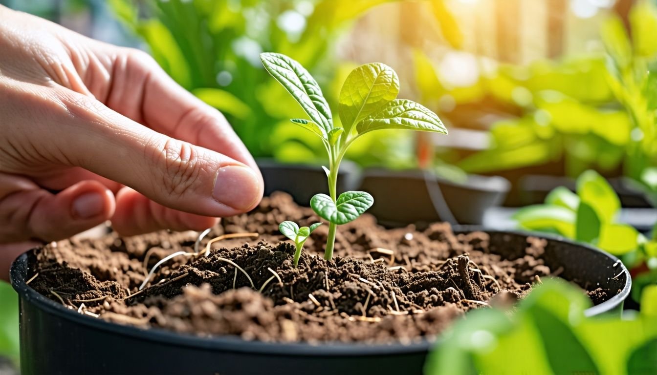 A person planting a small seedling in a 50mm Net Pot TEKU® Tube.