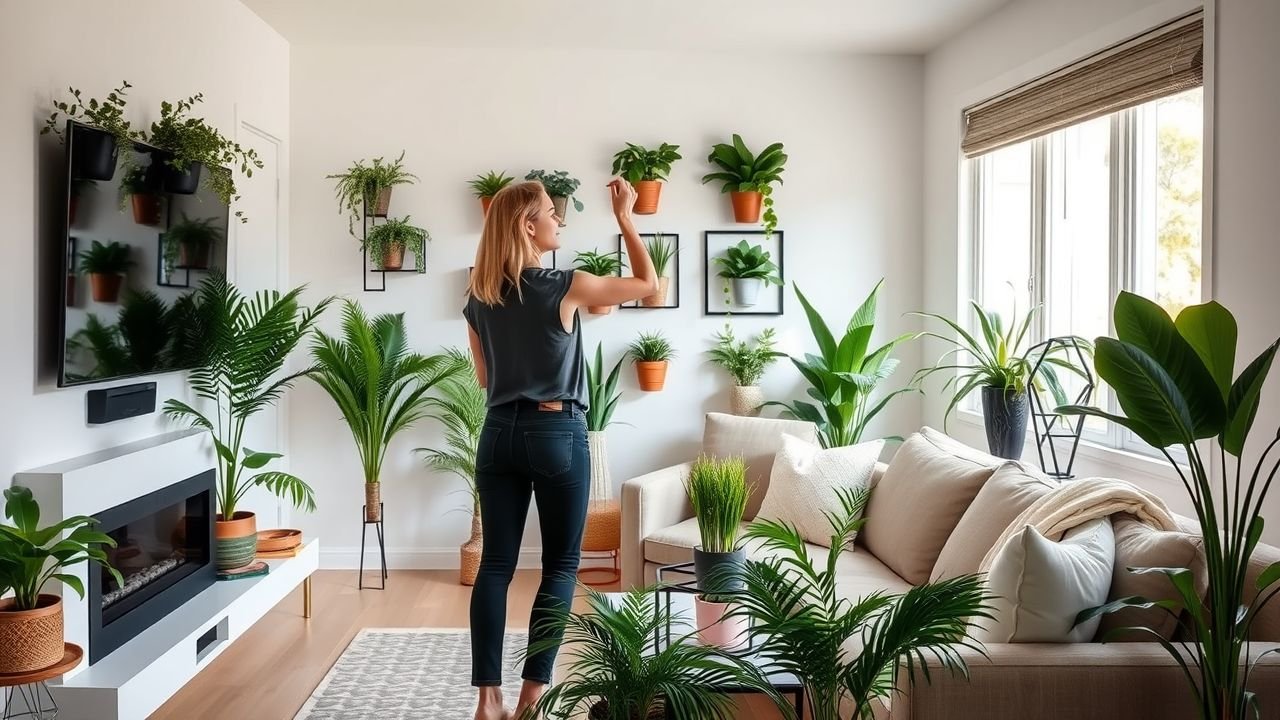 A woman decorates her living room with faux greenery in 2021.