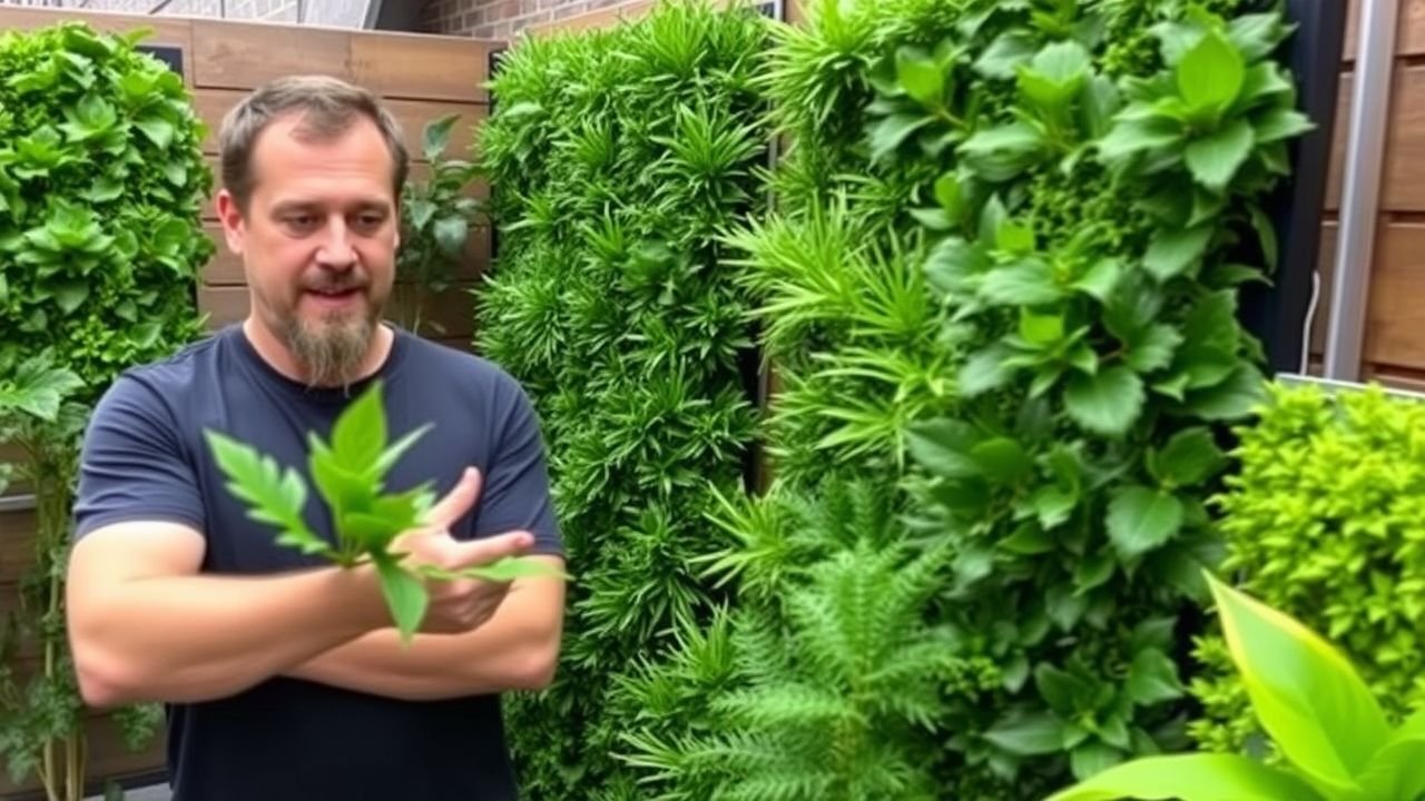 A person comparing fake plant panels in a home garden.