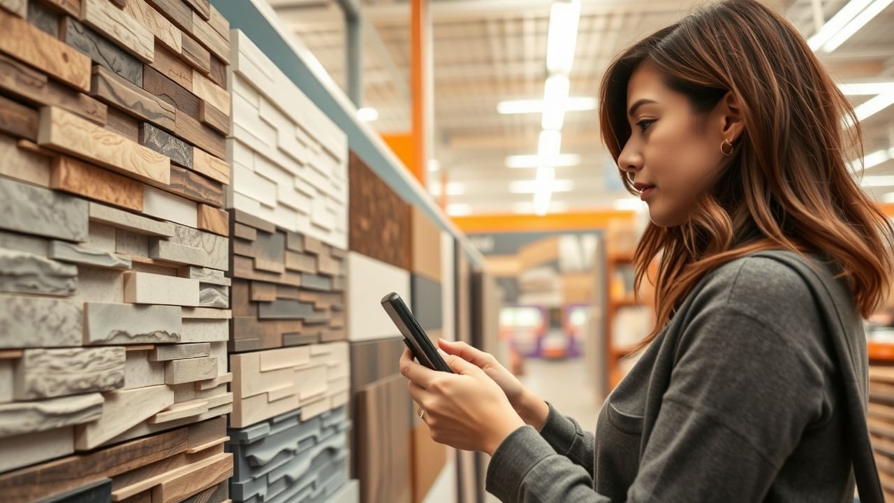 A woman in her 30s choosing faux wall panels at a home improvement store.