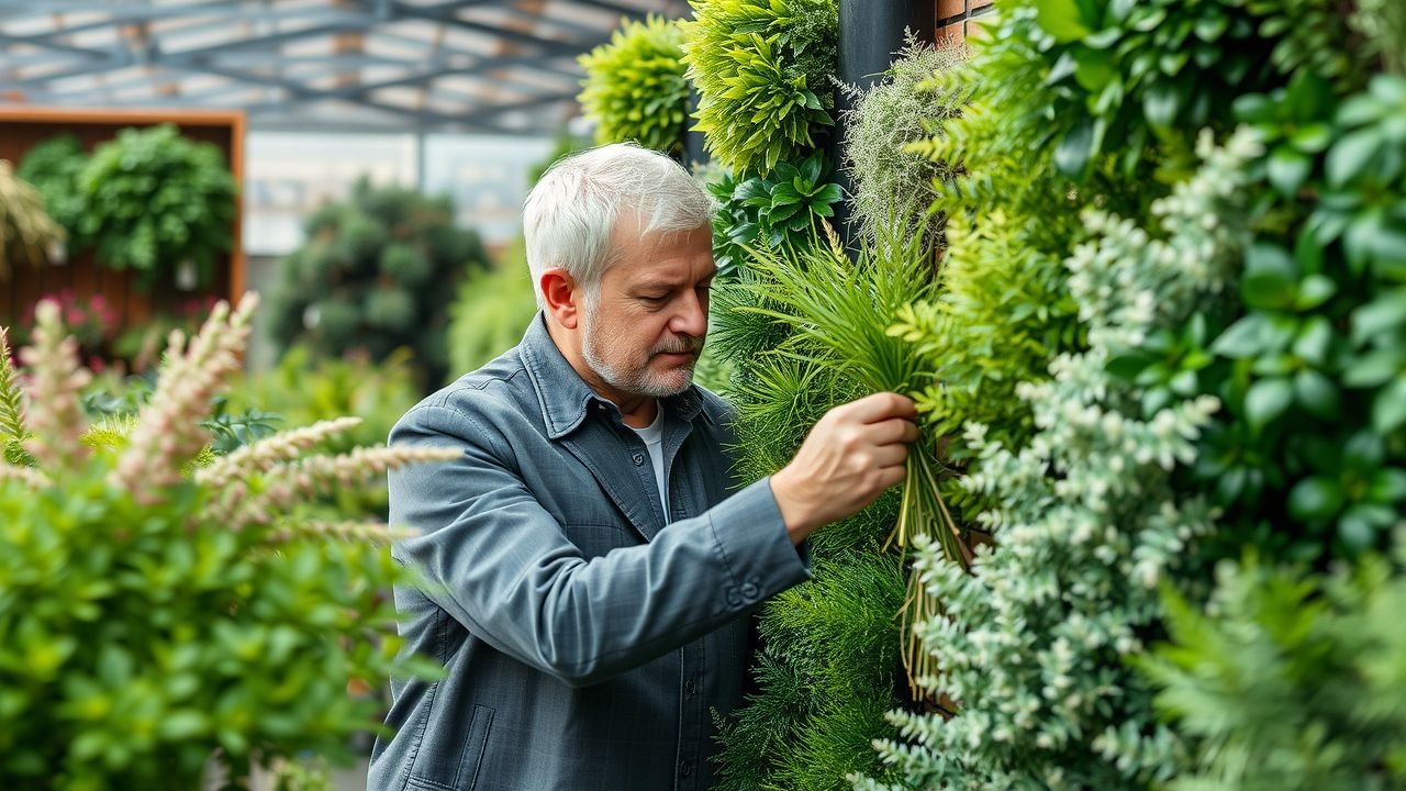 Person in their 40s carefully choosing artificial greenery for garden wall.