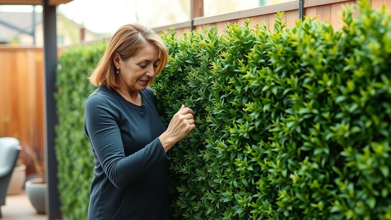 A woman choosing artificial hedge for backyard green wall.