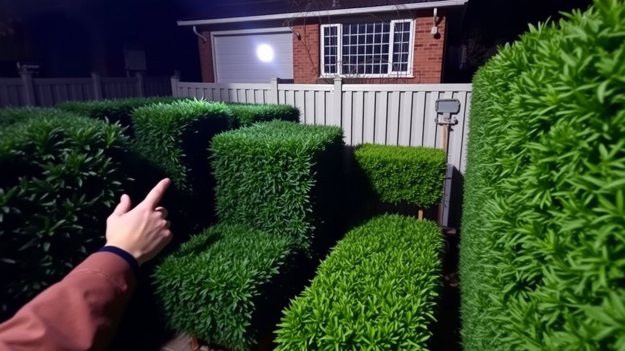 A person in their 30s comparing artificial hedge options in a home garden.