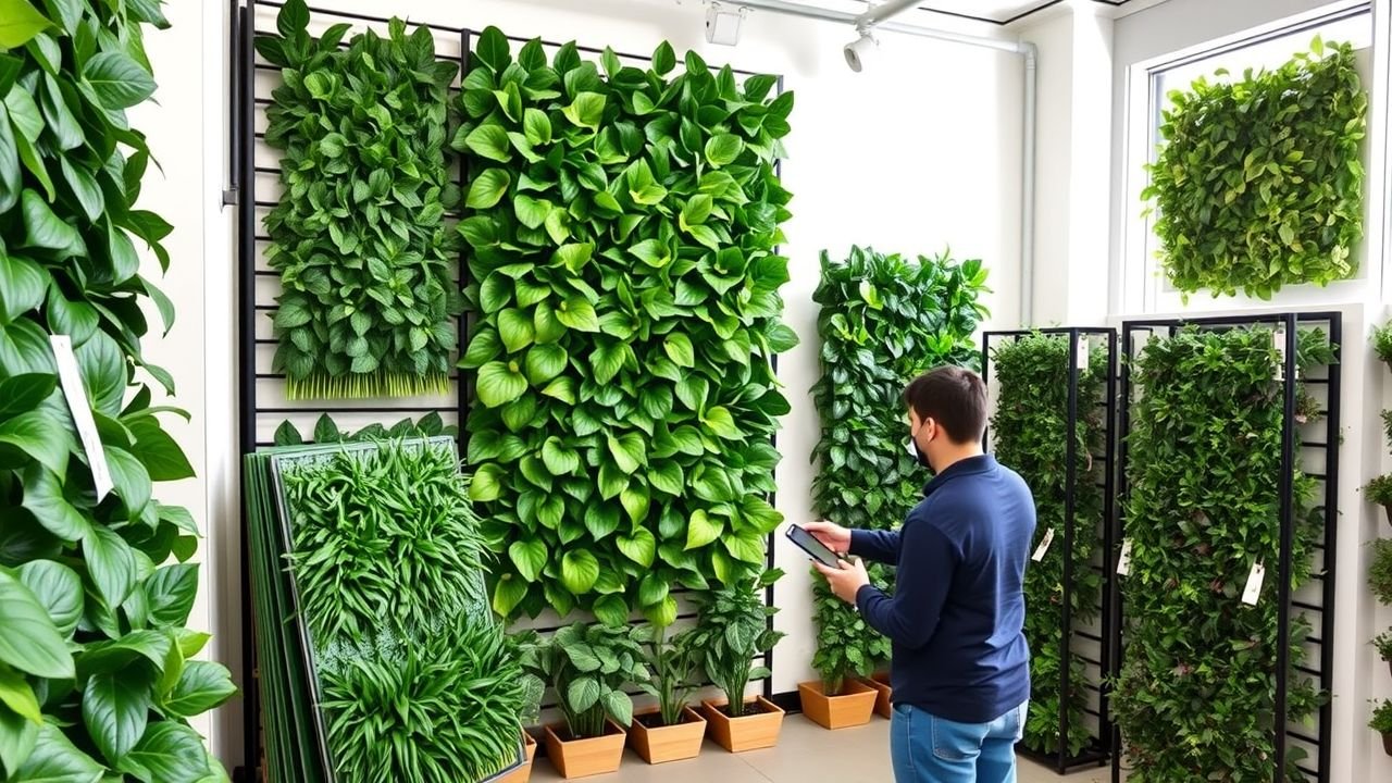 Person choosing artificial leaf panels for vertical garden project in store showroom.