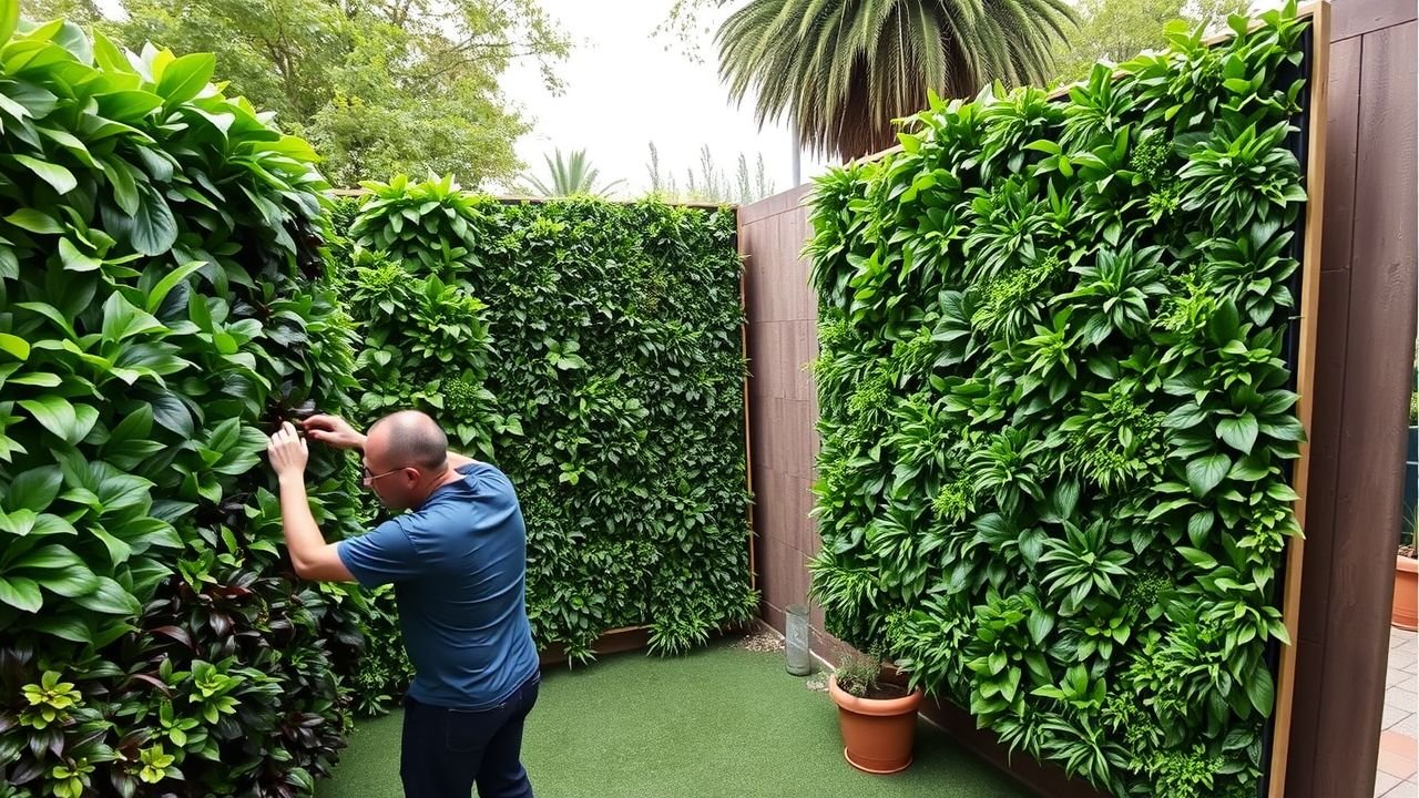 A person comparing artificial plant panels for their garden's green wall.