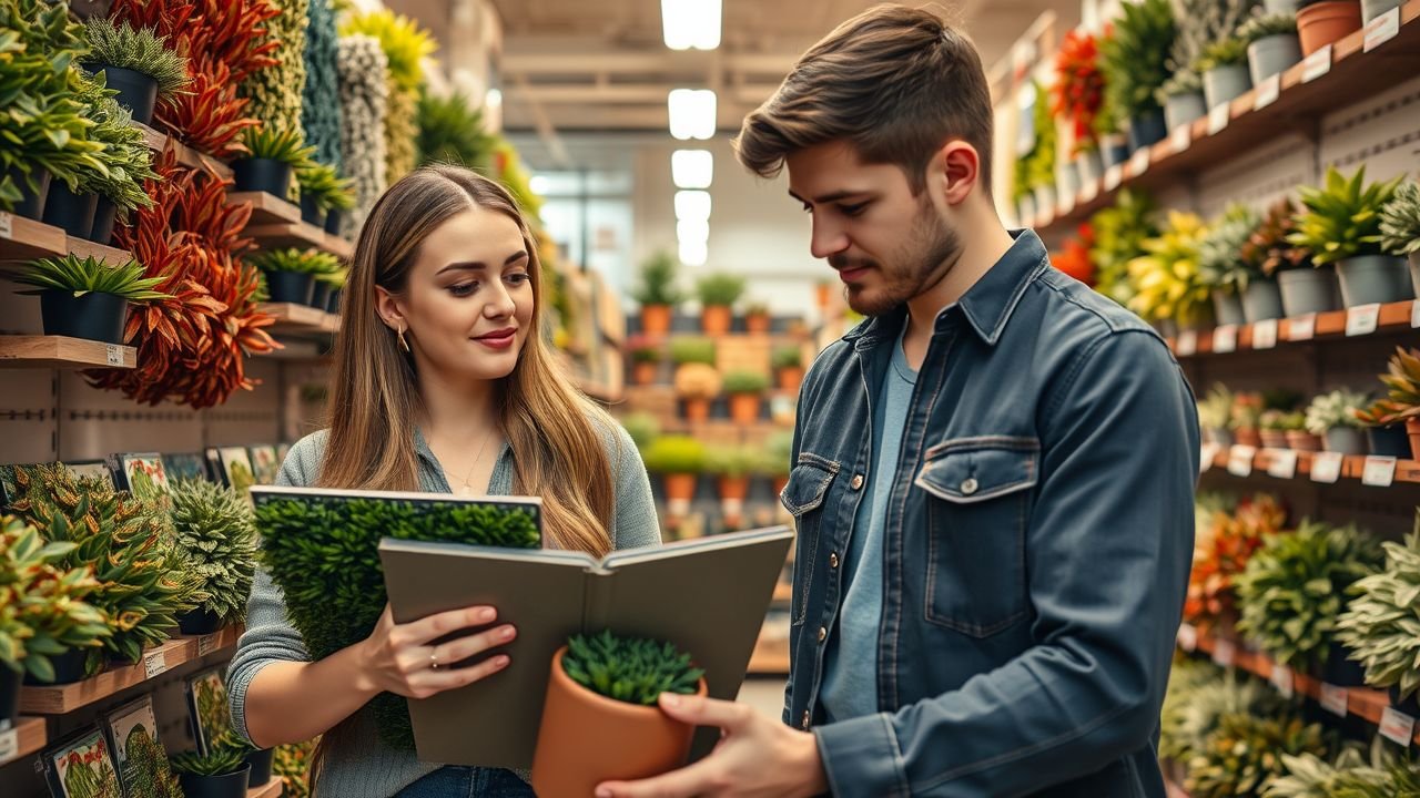 A couple in their mid-30s shopping for artificial plant tiles in a store.