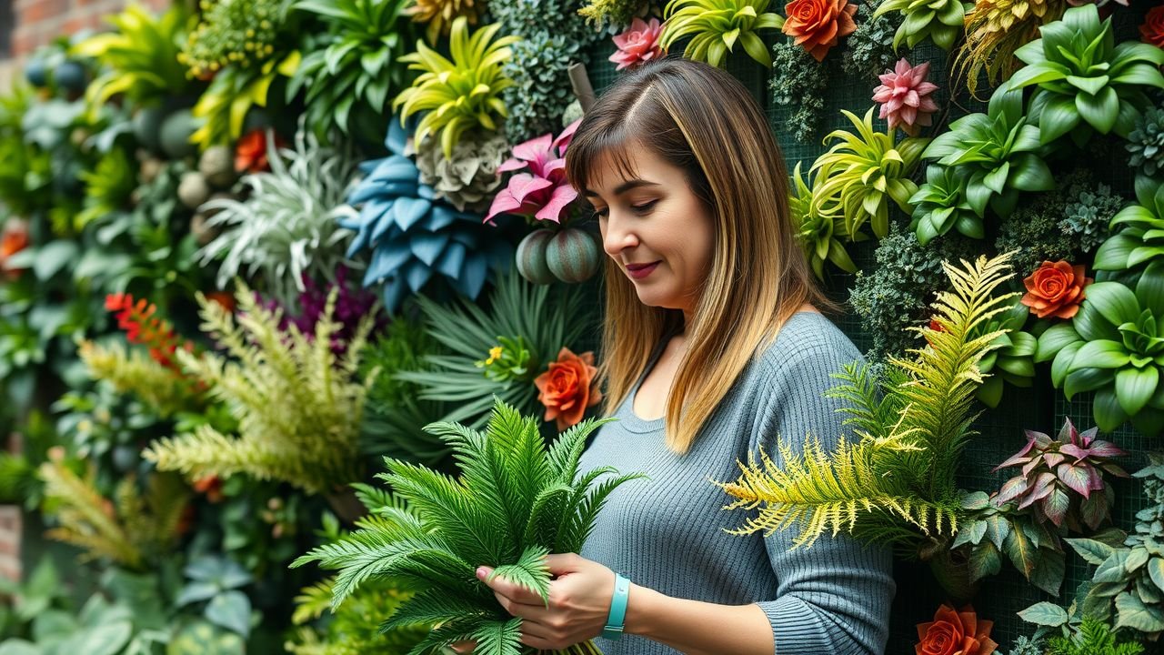 A woman in her 40s selecting artificial plants for her garden wall.