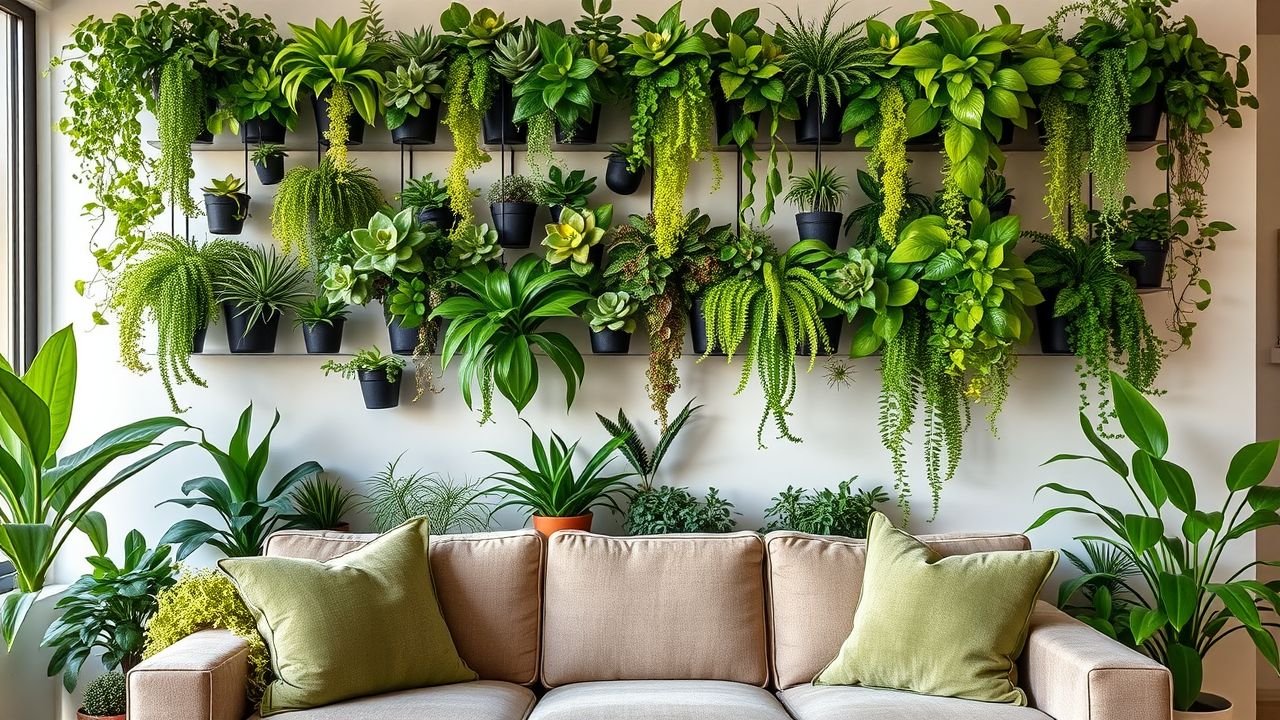 A living room wall adorned with a vibrant variety of artificial plants.