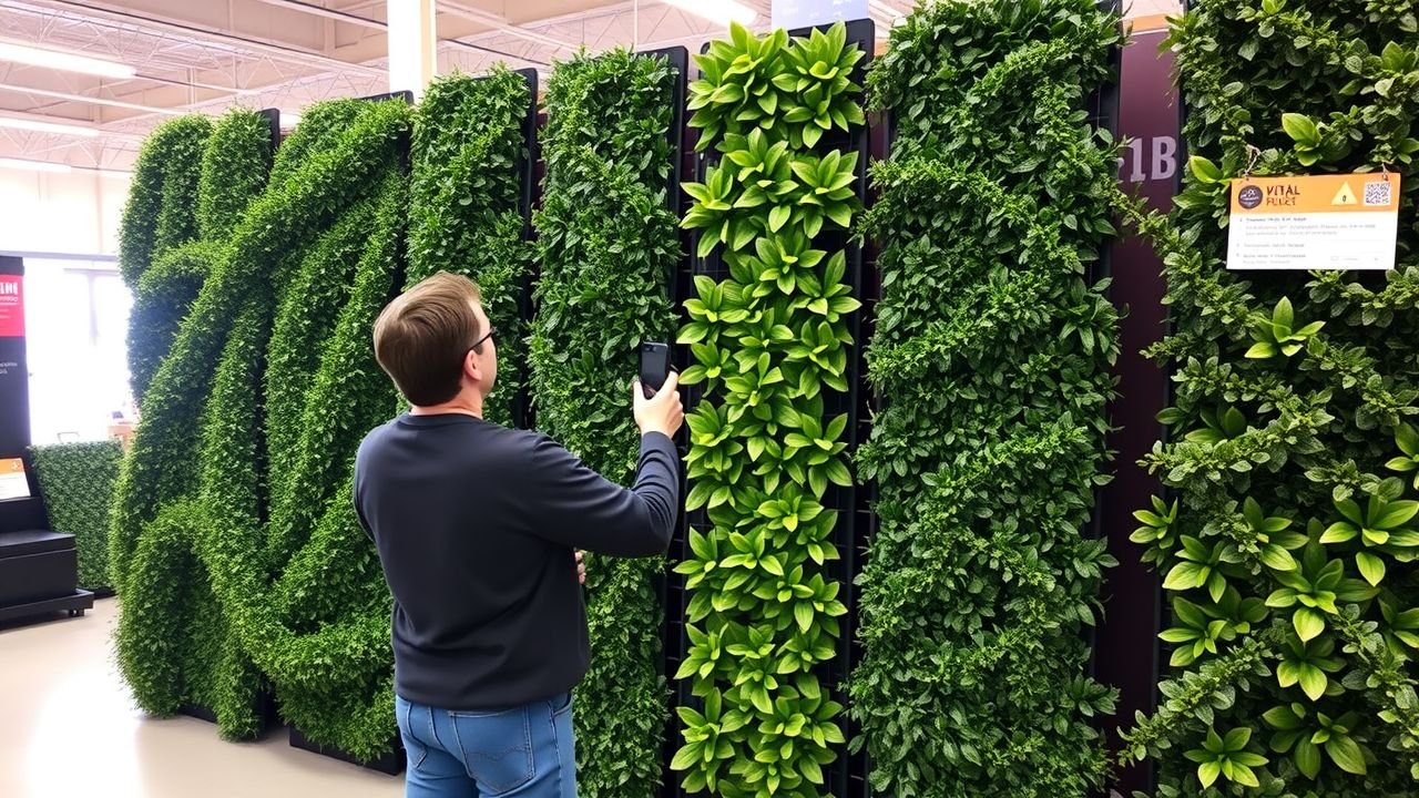 A person inspecting artificial vertical garden panels in a home improvement store.