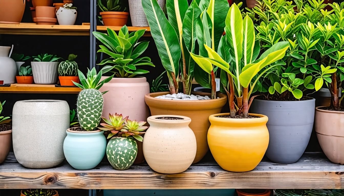 Various ceramic pots for indoor and outdoor plants displayed in a store.