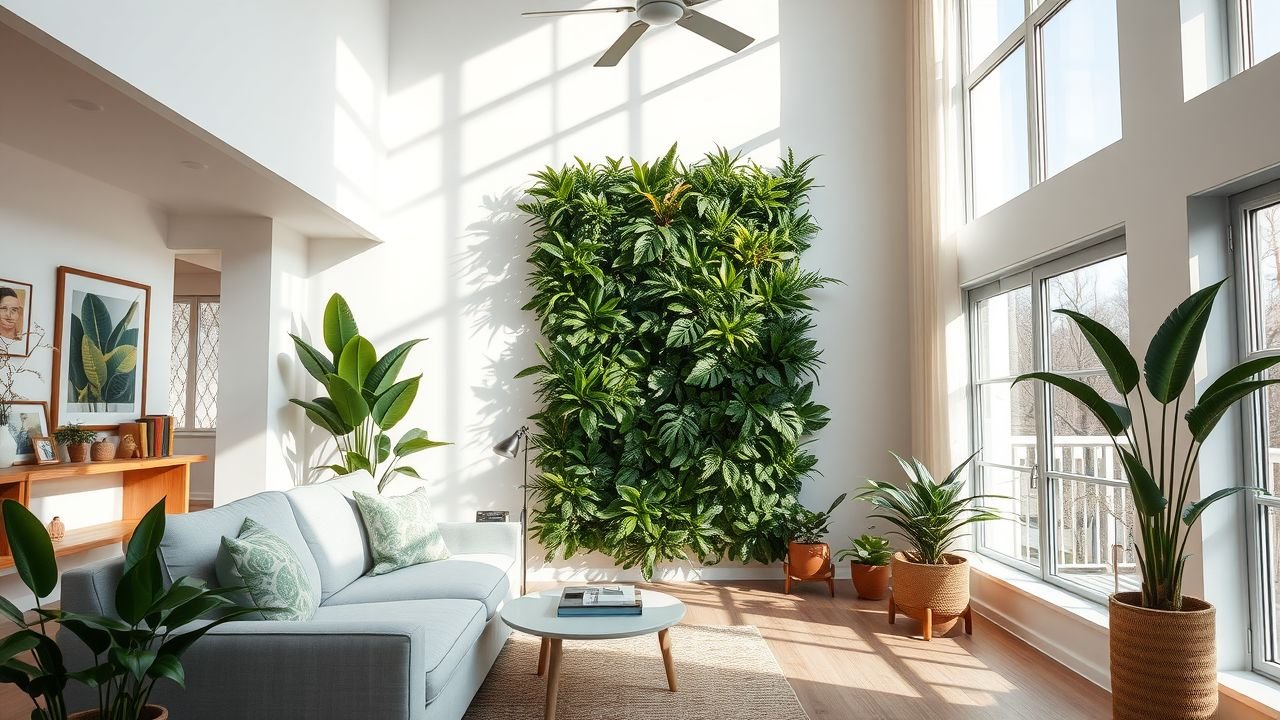 A photo of a fake plant wall in a sunlit living room.