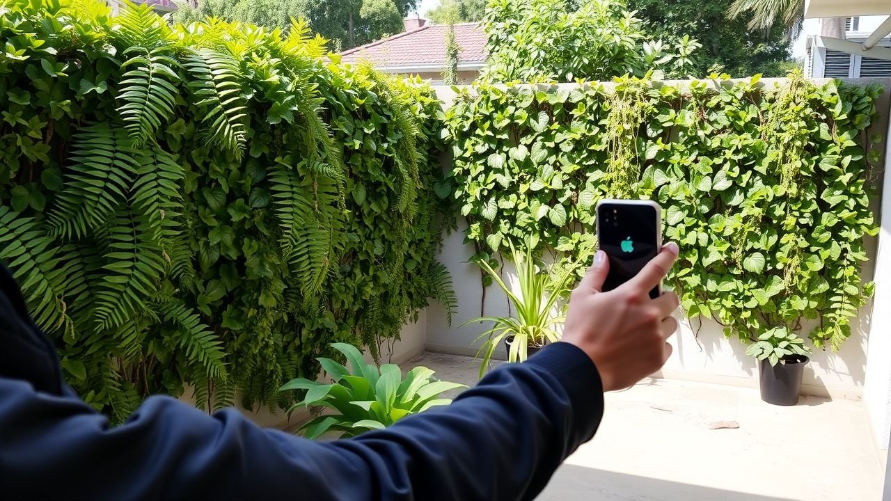 Person inspecting outdoor area for artificial wall plant garden setup.