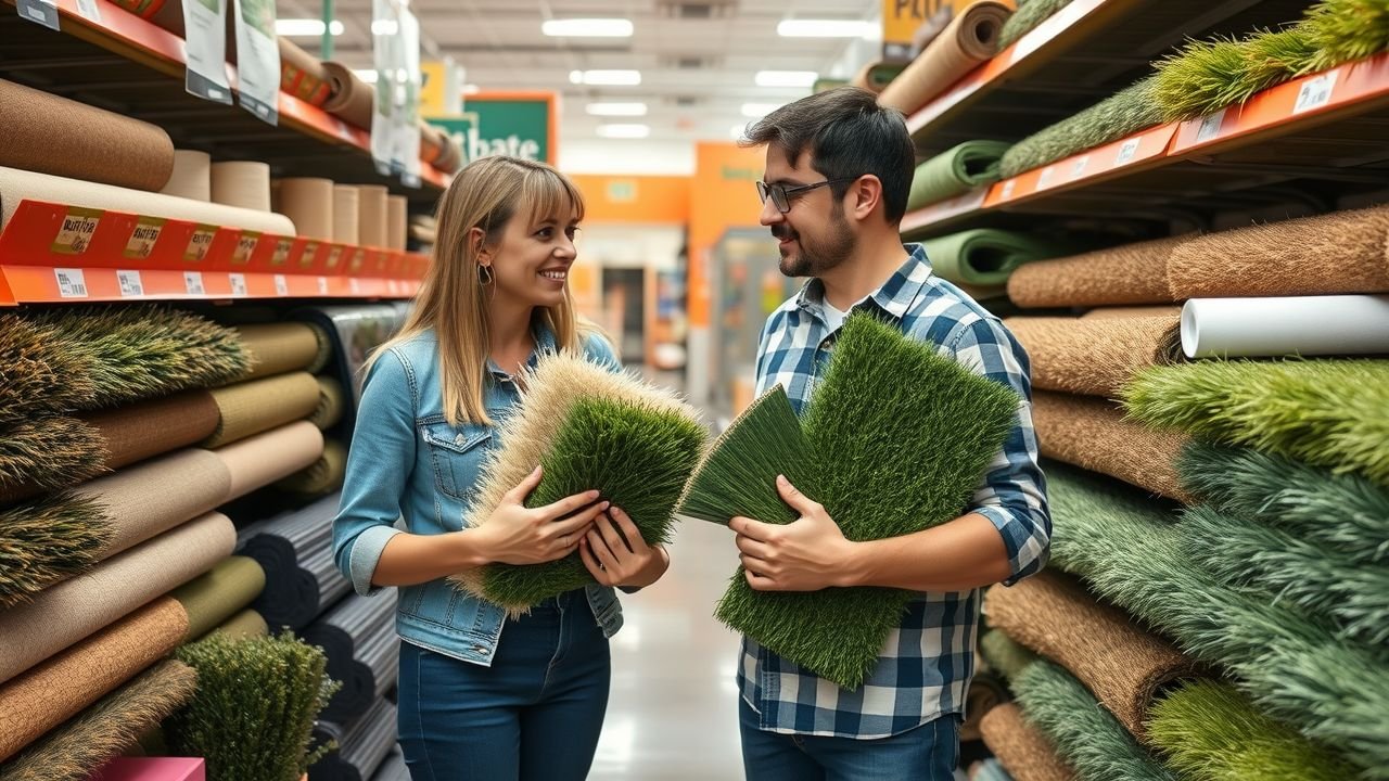 A couple comparing fake grass samples at a home improvement store.