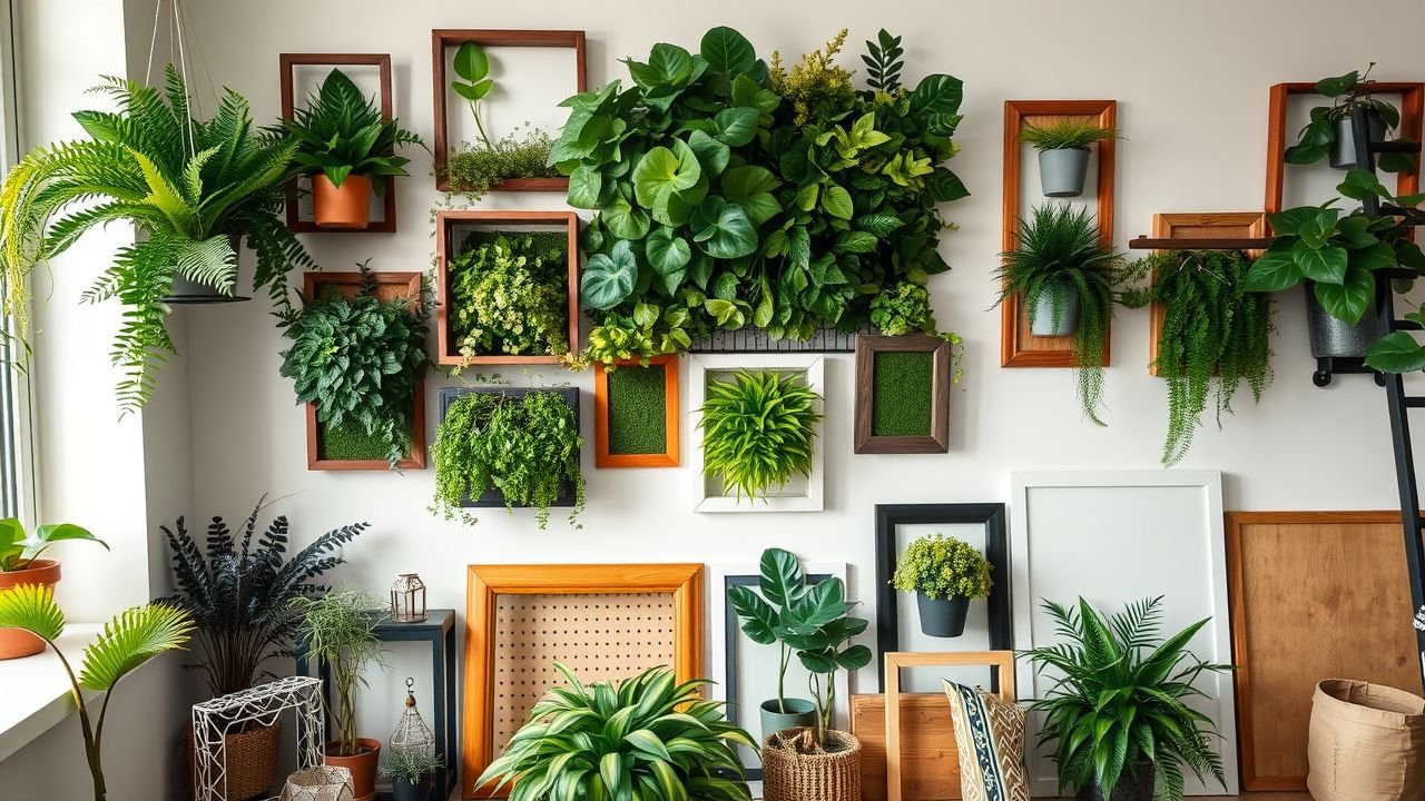 A person choosing fake plants and frames for home green wall.