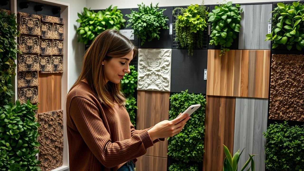 A woman in her thirties choosing panel styles for home vertical garden.