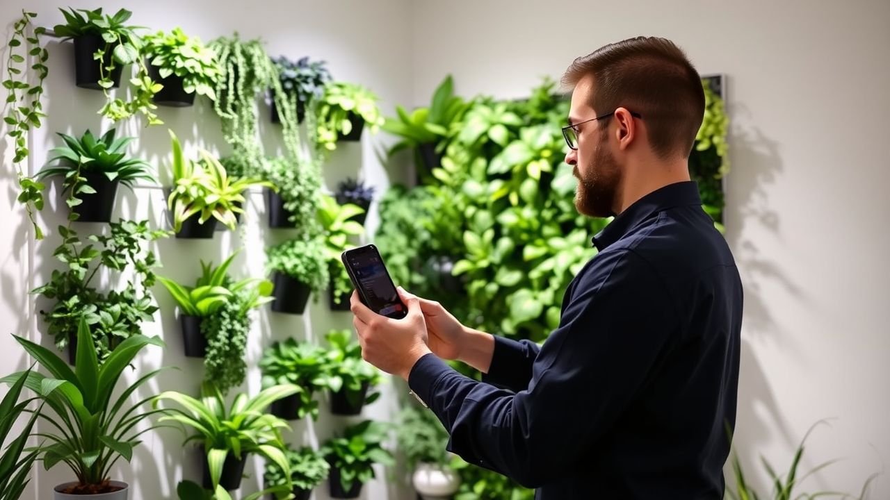 Person in 30s selecting eco-friendly panels for artificial plant wall.