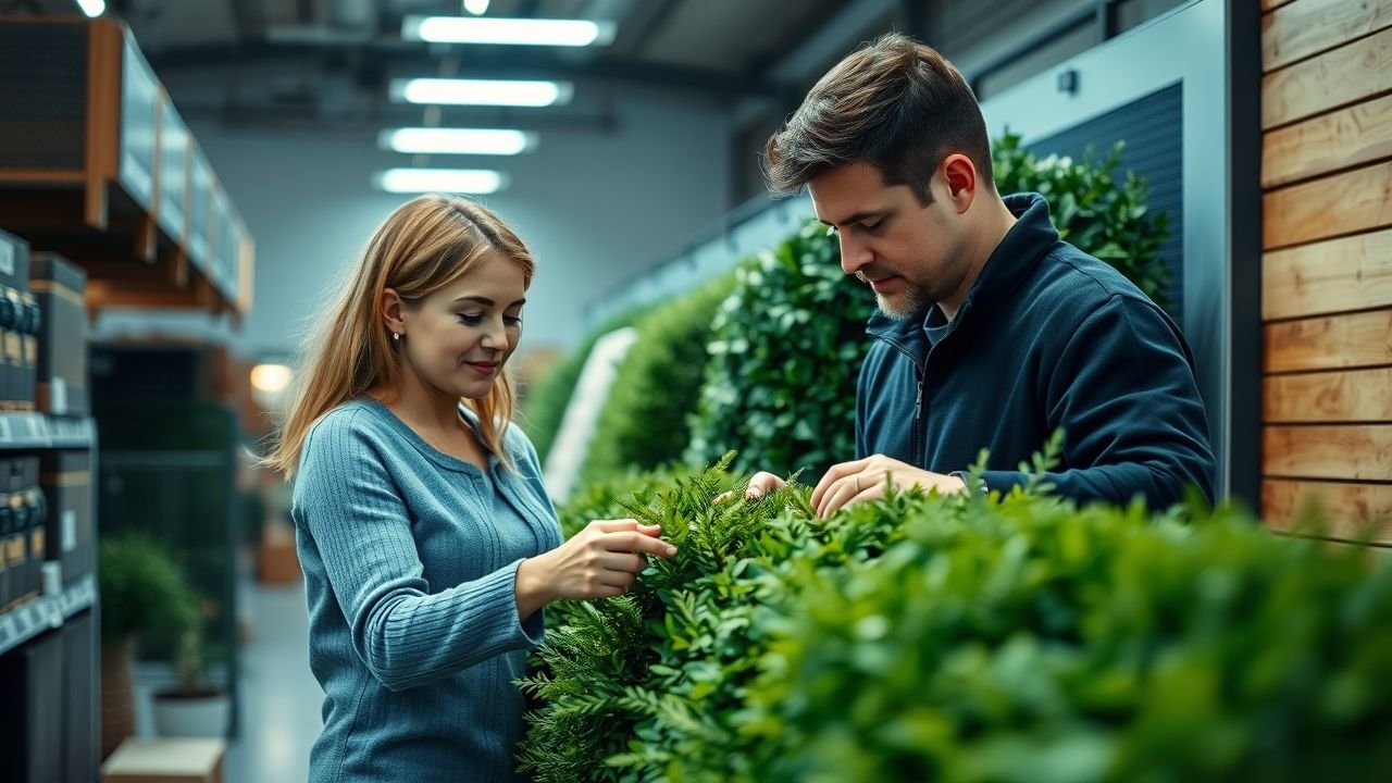 A couple in their 30s choosing garden panels at a home improvement store.