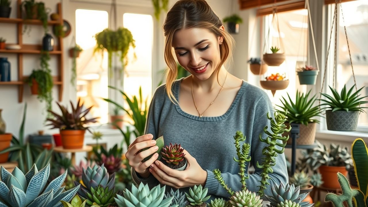 A woman in her 30s carefully selects vibrant succulents and hanging plants for her sunlit bohemian home.