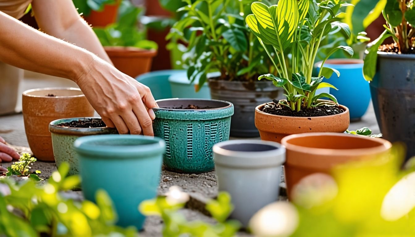 Person choosing plastic plant pot in backyard for Facebook post.