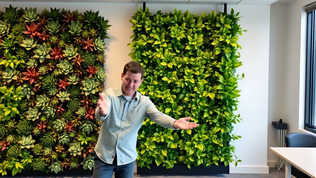 Person in office comparing different fake plant walls, posted on Facebook.