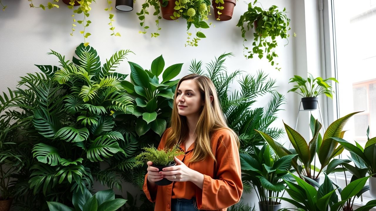 A woman in her 30s selects UV-resistant artificial plants for wall garden.