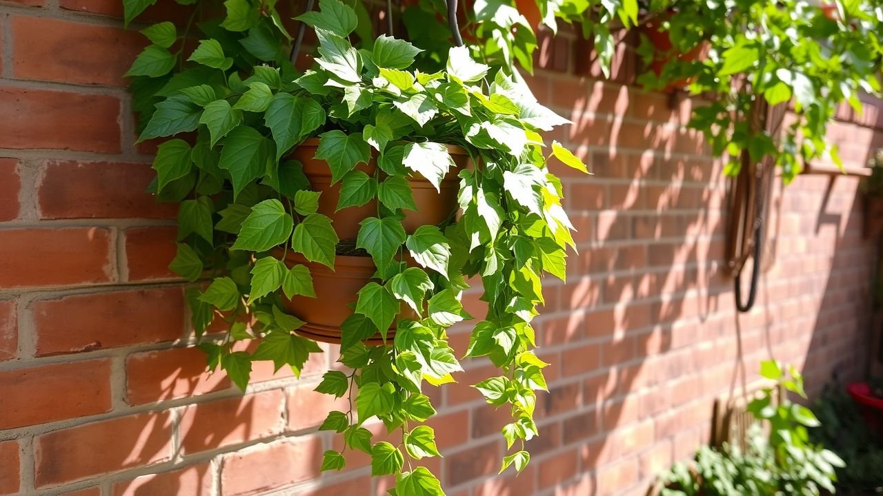 A hanging pot with green ivy against a rustic brick wall.