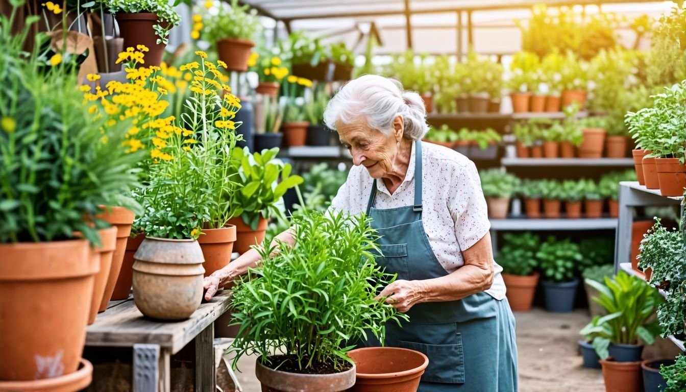 Elderly woman choosing wooden pot plant in garden nursery.