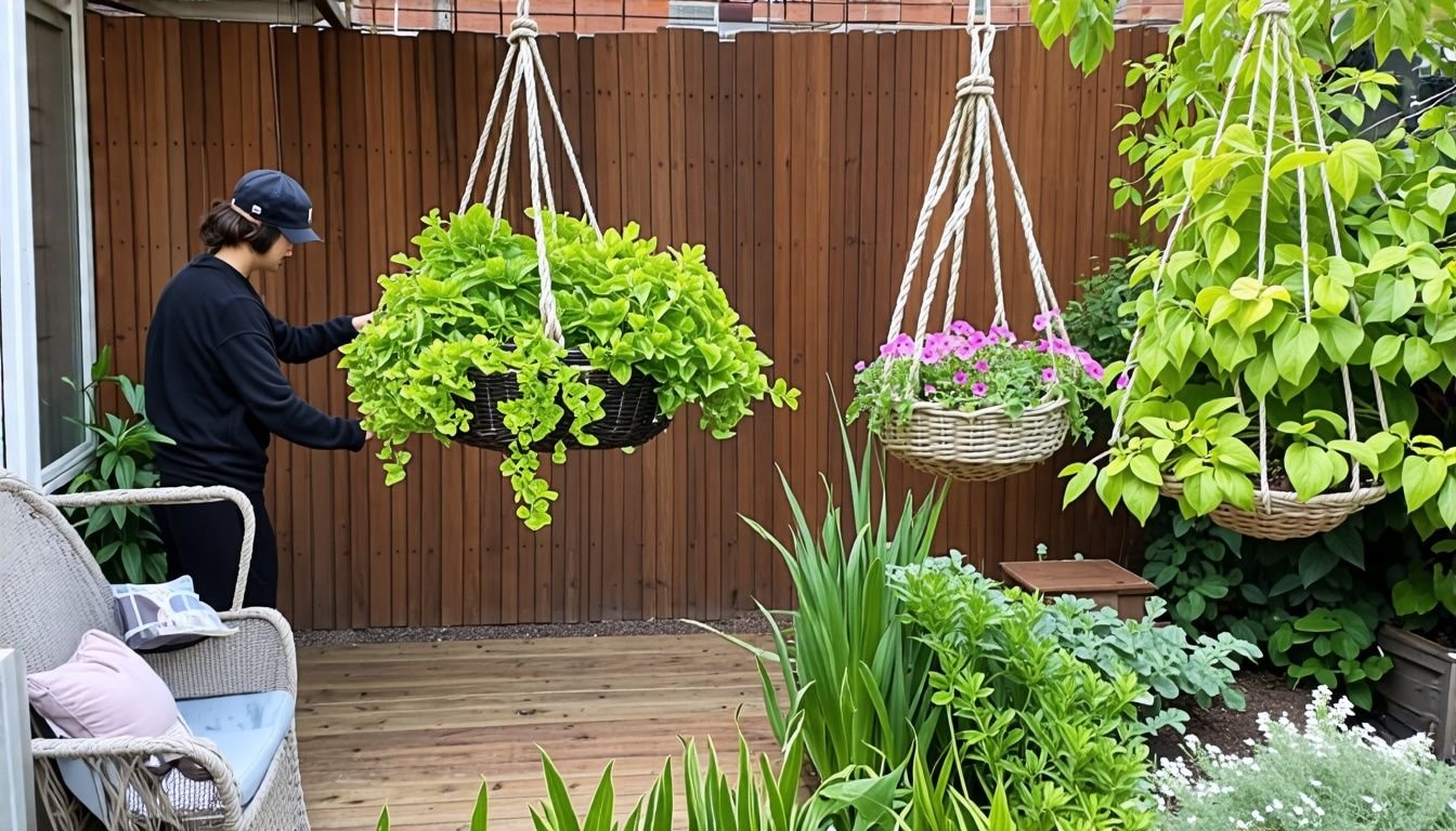 Person choosing durable and attractive hanging plant baskets for backyard.