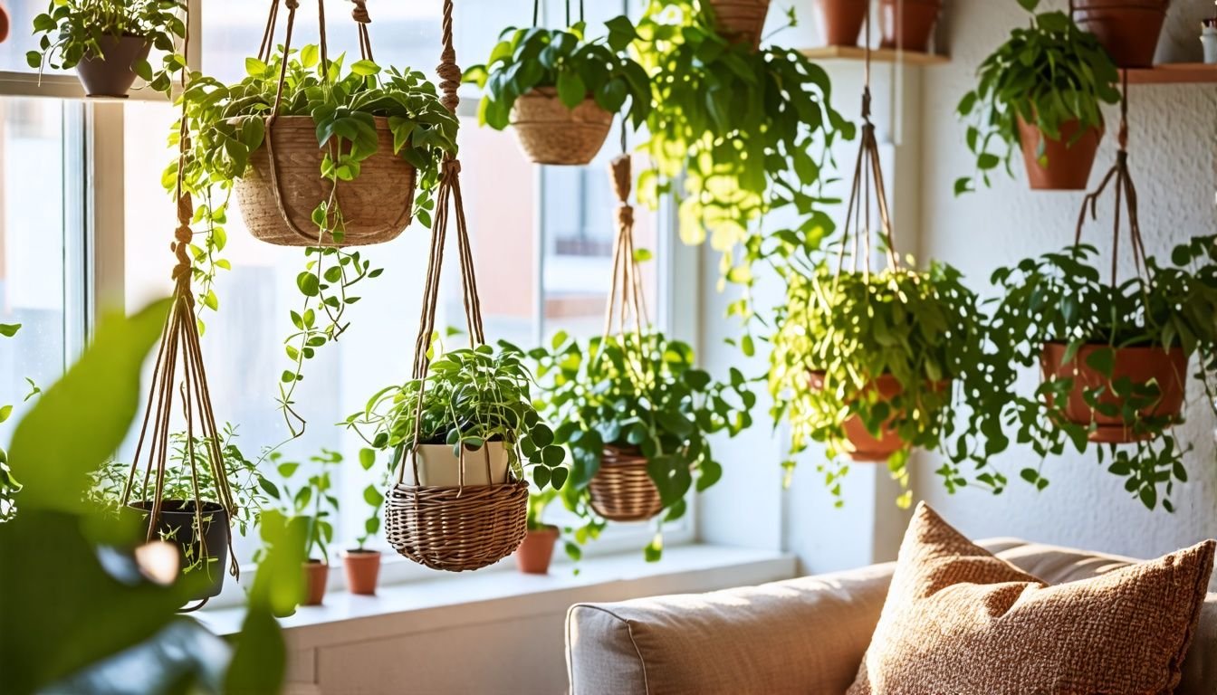 A selection of hanging plant pots in a sunlit room.