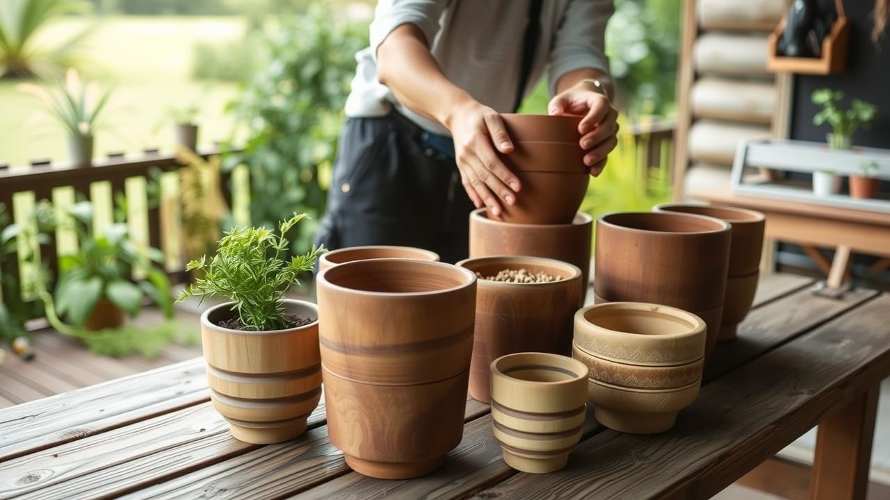 A person in their 40s arranging various wooden plant pots outdoors.