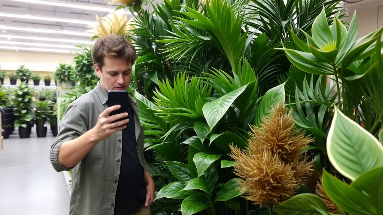 A home decor enthusiast examines artificial plants in store for quality.