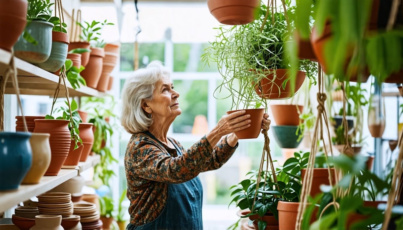 An elderly woman shopping for ceramic hanging pots in a plant store.