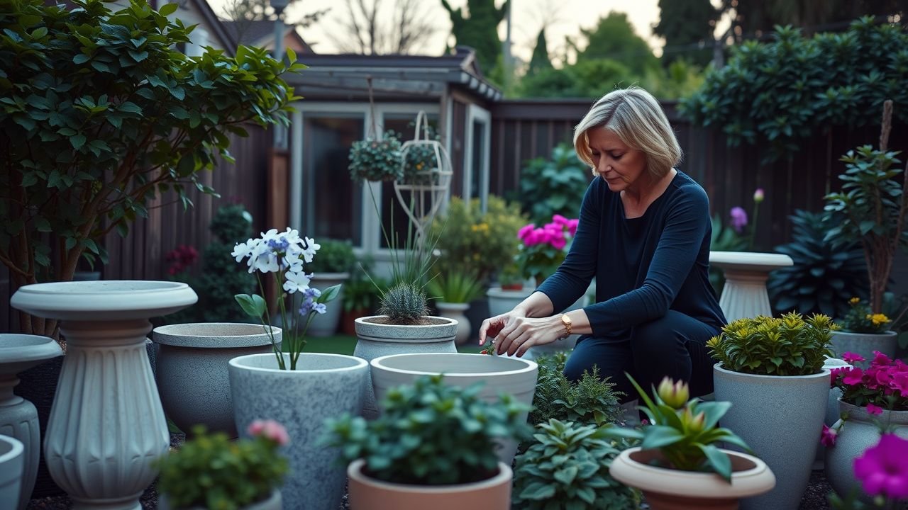 A woman arranges various concrete flower pots in her garden.