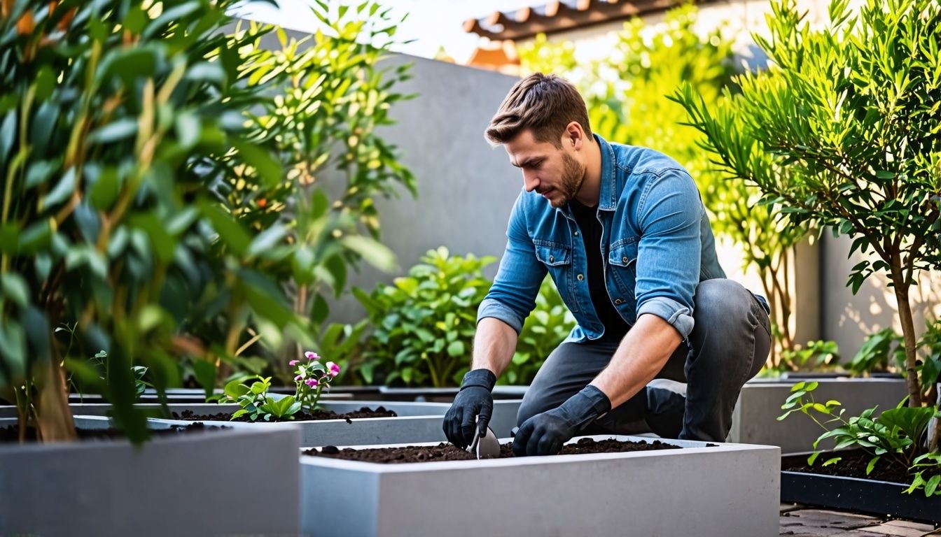 A man arranging large planter boxes in a contemporary outdoor garden.