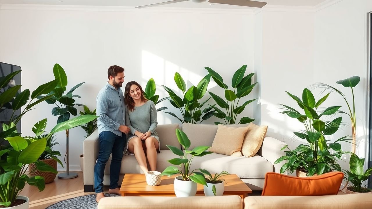 A couple decorates their Brisbane living room with lifelike artificial plants.