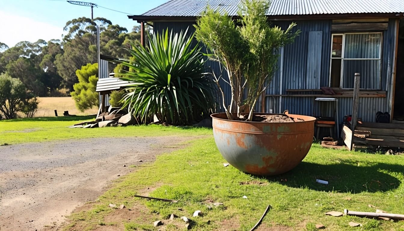 A steel planter outside a farmhouse in Australia stands strong.