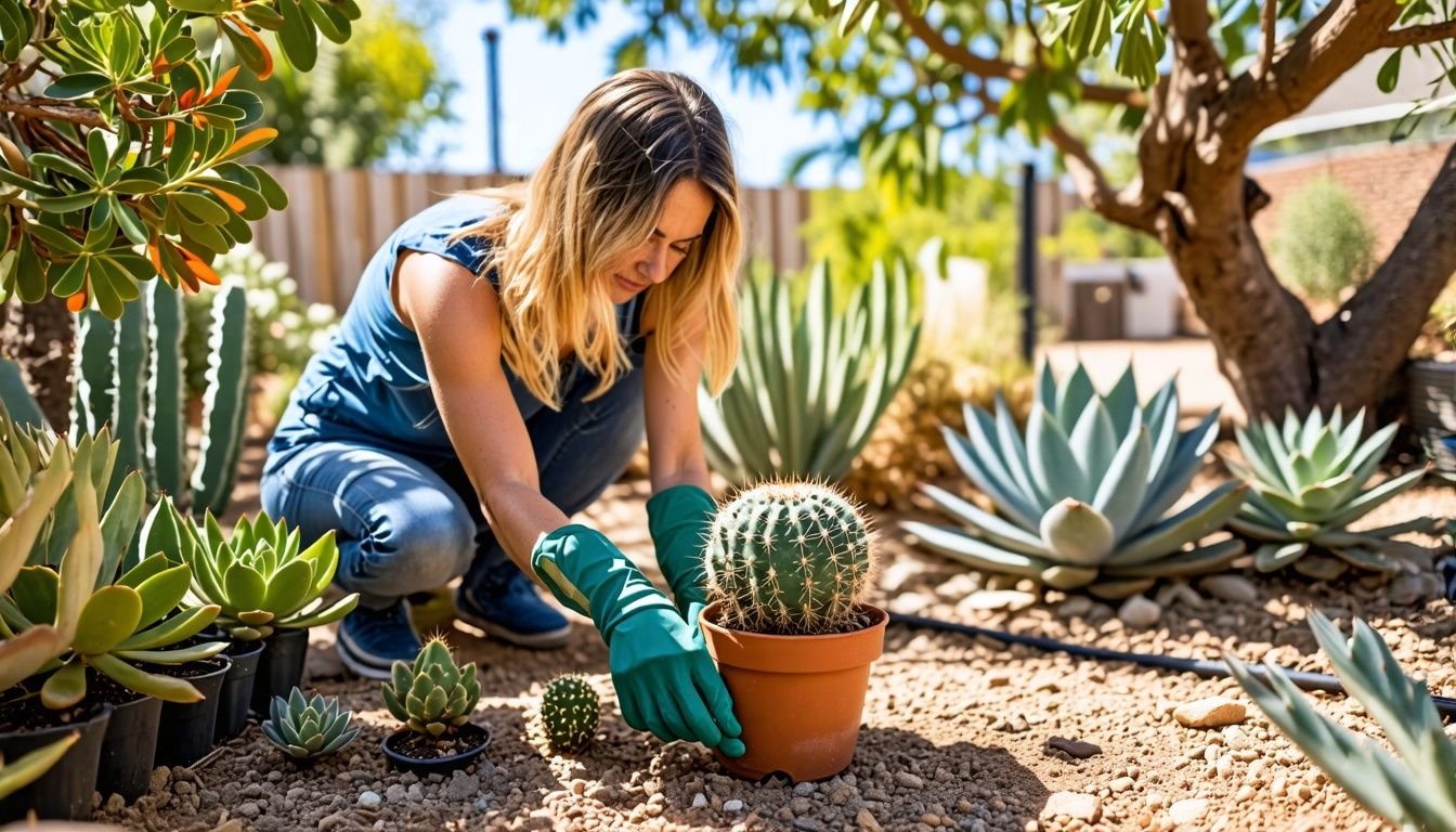 A woman in her 40s repotting a cactus in an Australian backyard.