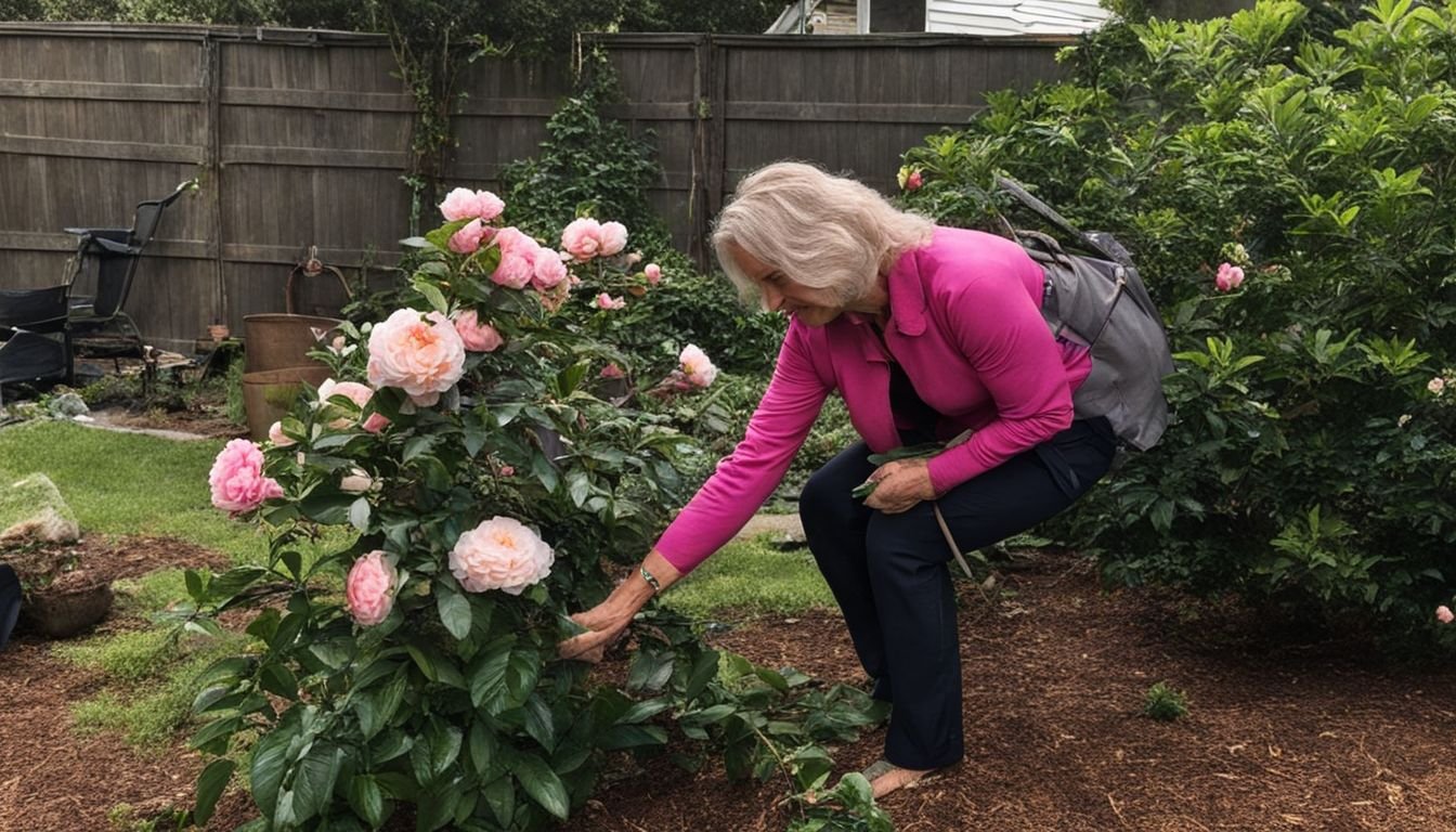 A woman in her 40s tending to her Jennifer Susan Camellias in a backyard garden.